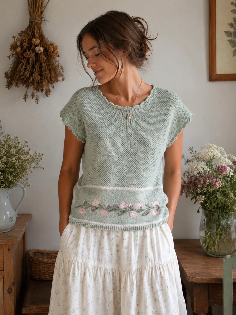 Vintage Shenanigans Cottagecore Floral Knit Top Sweater Ramie Cotton Boho